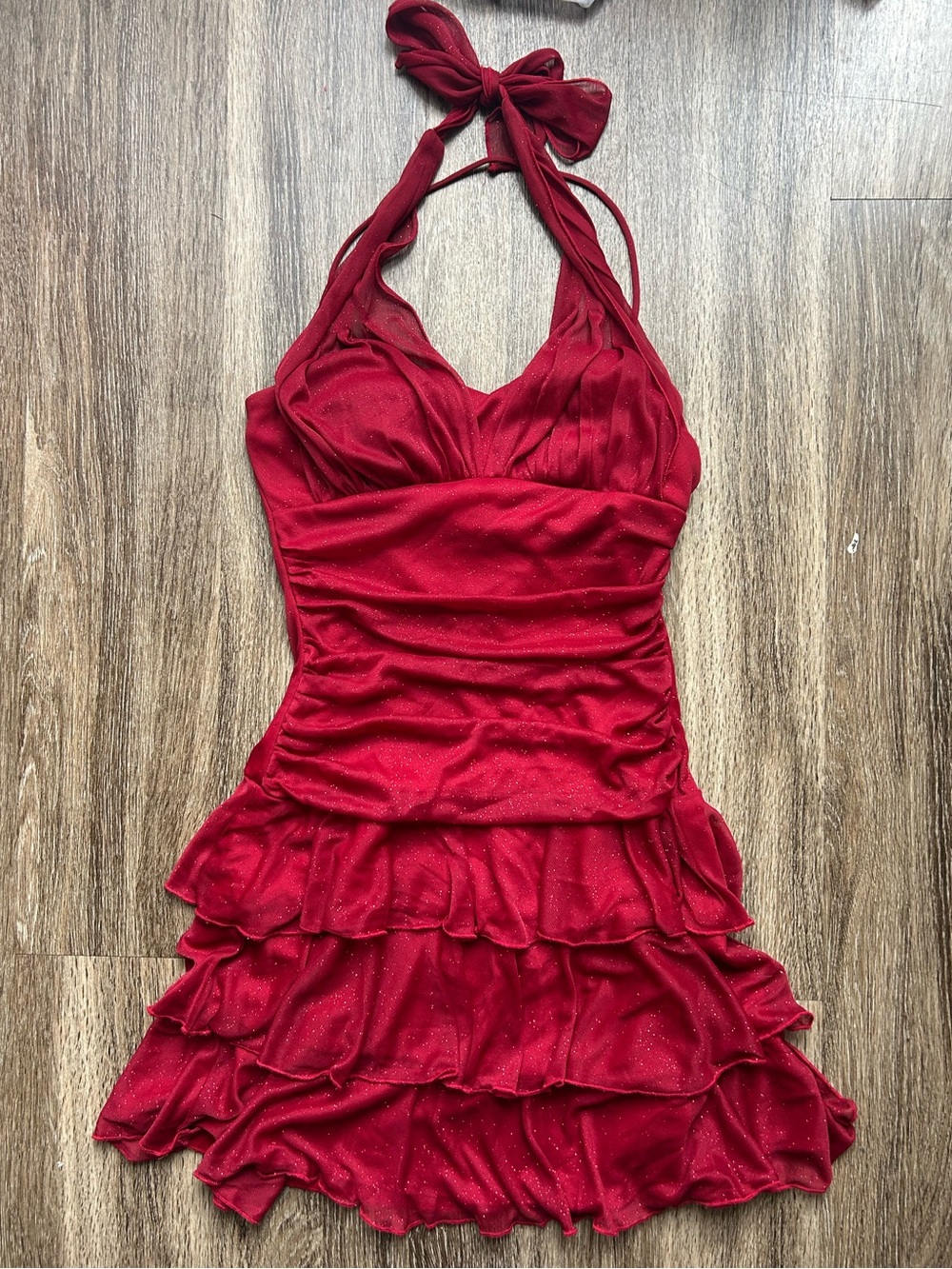Y2K Speechless Red Halter Ruffle Dress with Sparkle